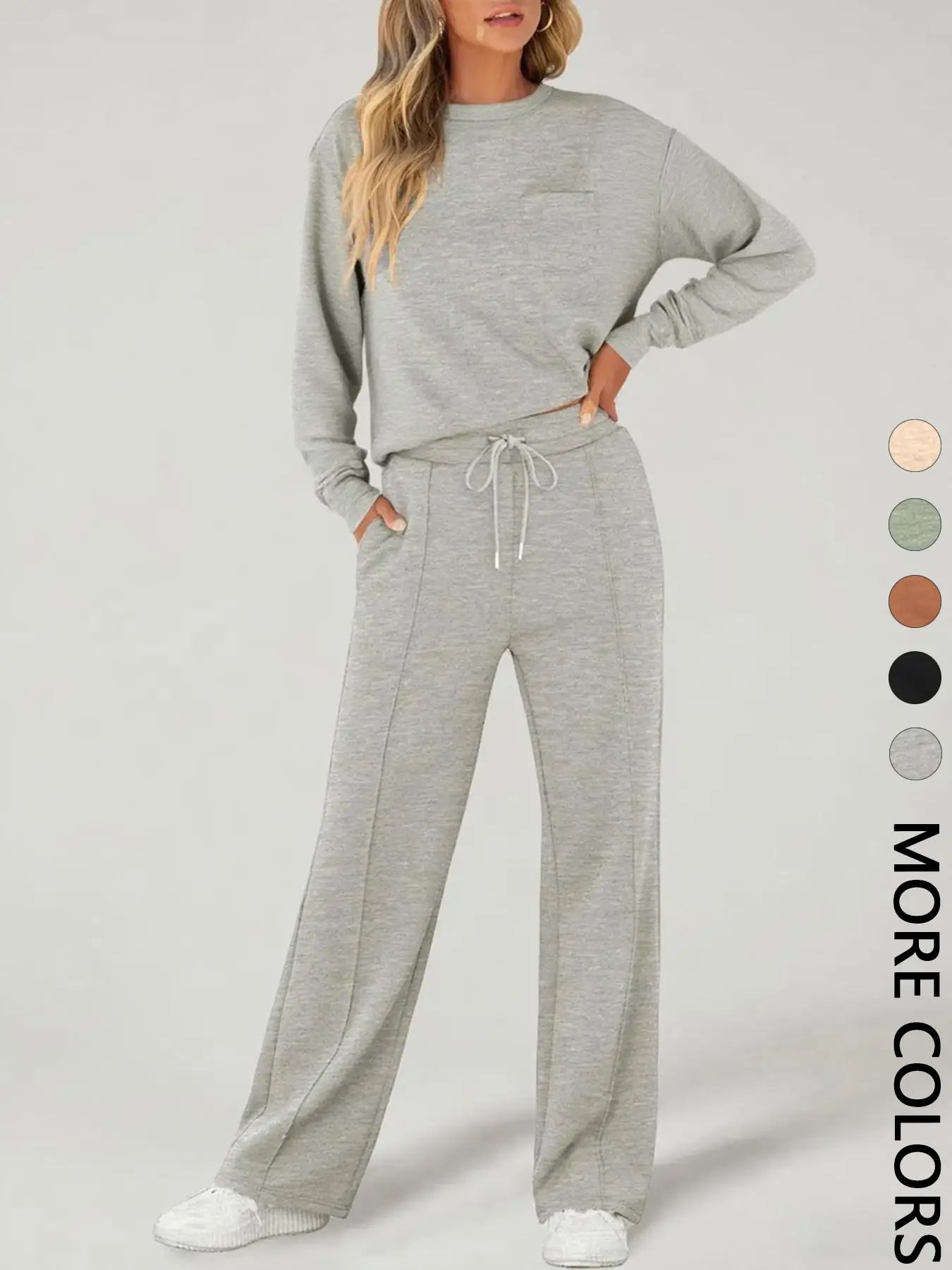 2-Piece Women'S Casual Long Sleeve Pocket Sportswear Set, Stylish Comfortable Wide Leg Athletic Tracksuit Set for All Seasons