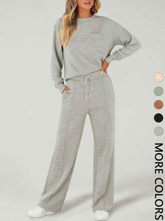 2-Piece Women'S Casual Long Sleeve Pocket Sportswear Set, Stylish Comfortable Wide Leg Athletic Tracksuit Set for All Seasons