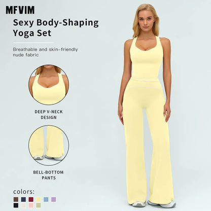MFVIM Women'S Sporty Tracksuit Set - Casual Two-Piece Athletic Wear, 78% Nylon 22% Spandex, Ideal for Gym & Daily Activities, H-Shaped Back Design, Bell-Bottom Pants