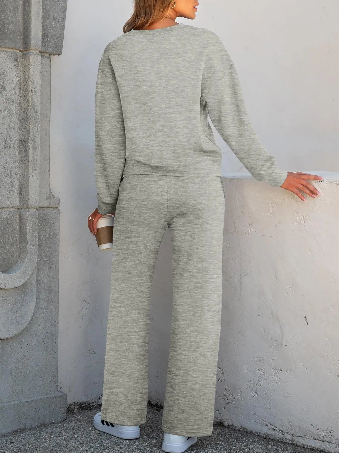 2-Piece Women'S Casual Long Sleeve Pocket Sportswear Set, Stylish Comfortable Wide Leg Athletic Tracksuit Set for All Seasons