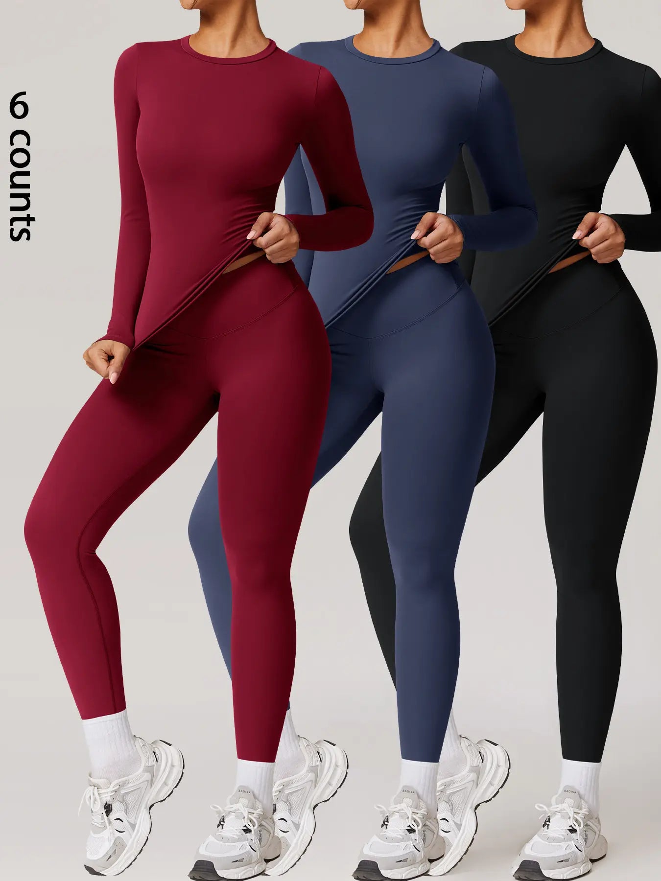 Two-Piece Set Women'S Patchwork High Elastic Soft round Neck Flat Shoulder Long Sleeve Slim Fit Beautiful Hip Tight Pants Yoga Clothes Suit Workout Running Clothes Four Seasons Outdoor Running Cycling Hiking Walking Shopping Fashion Suit Gym