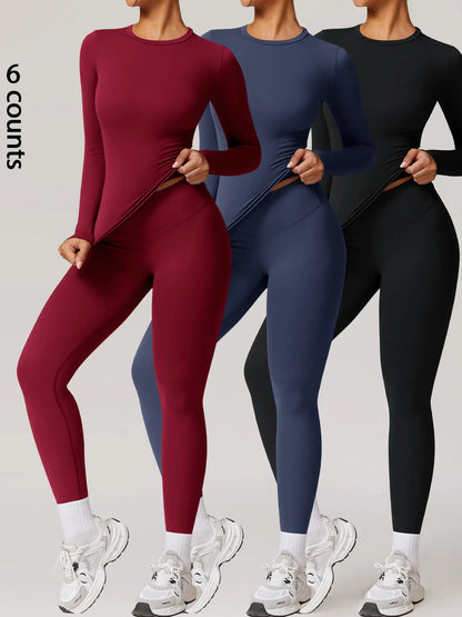Two-Piece Set Women'S Patchwork High Elastic Soft round Neck Flat Shoulder Long Sleeve Slim Fit Beautiful Hip Tight Pants Yoga Clothes Suit Workout Running Clothes Four Seasons Outdoor Running Cycling Hiking Walking Shopping Fashion Suit Gym