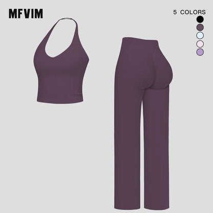 MFVIM Sporty Two-Piece Set Women’S Plain Crop Cami Top & Flare Leg Pants Sports Set, Sporty Casual Comfy Breathable Two-Piece Outfits for Yoga, Gym, Workout, Running, Gym Workout Clothes