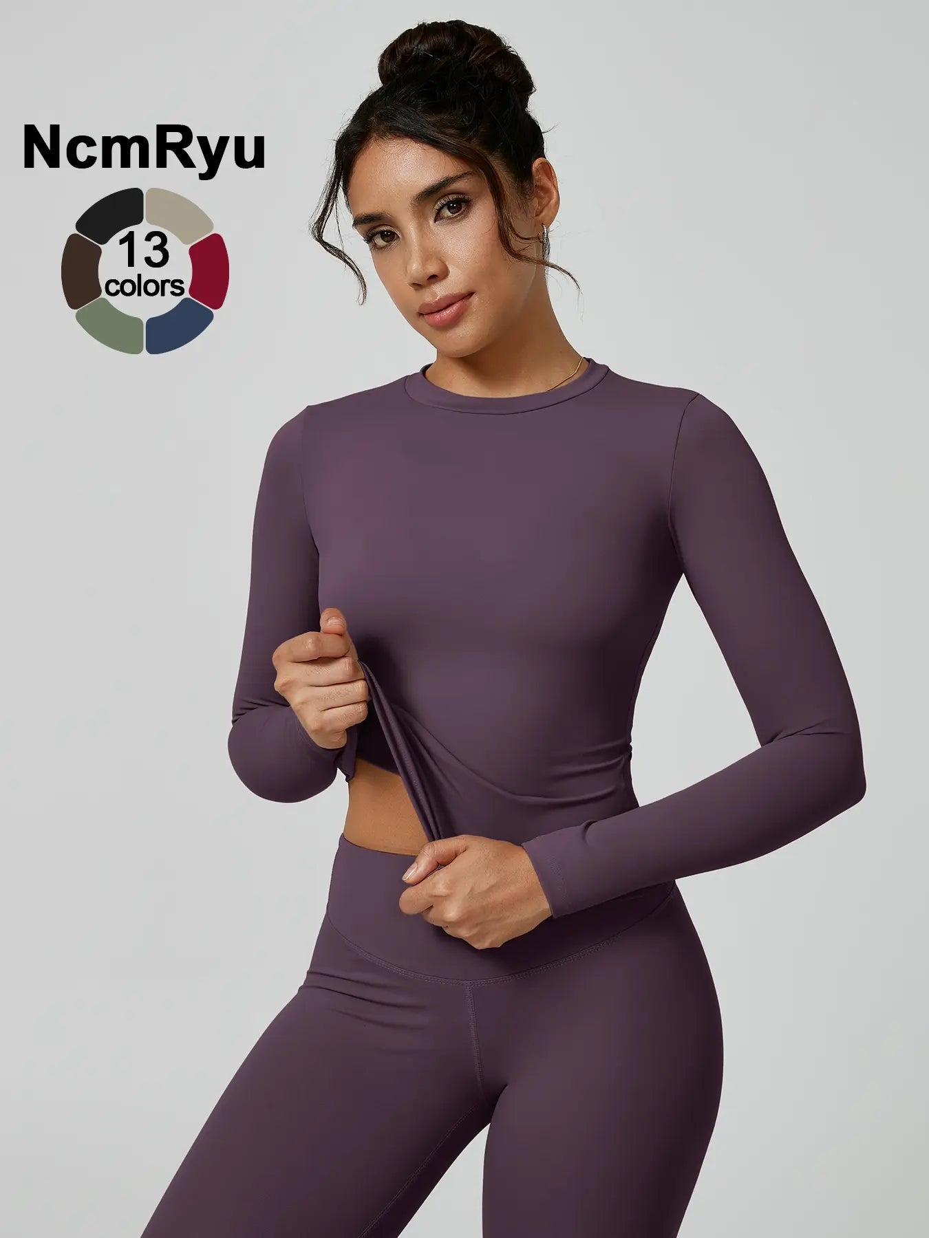 Two-Piece Set Women'S Patchwork High Elastic Soft round Neck Flat Shoulder Long Sleeve Slim Fit Beautiful Hip Tight Pants Yoga Clothes Suit Workout Running Clothes Four Seasons Outdoor Running Cycling Hiking Walking Shopping Fashion Suit Gym