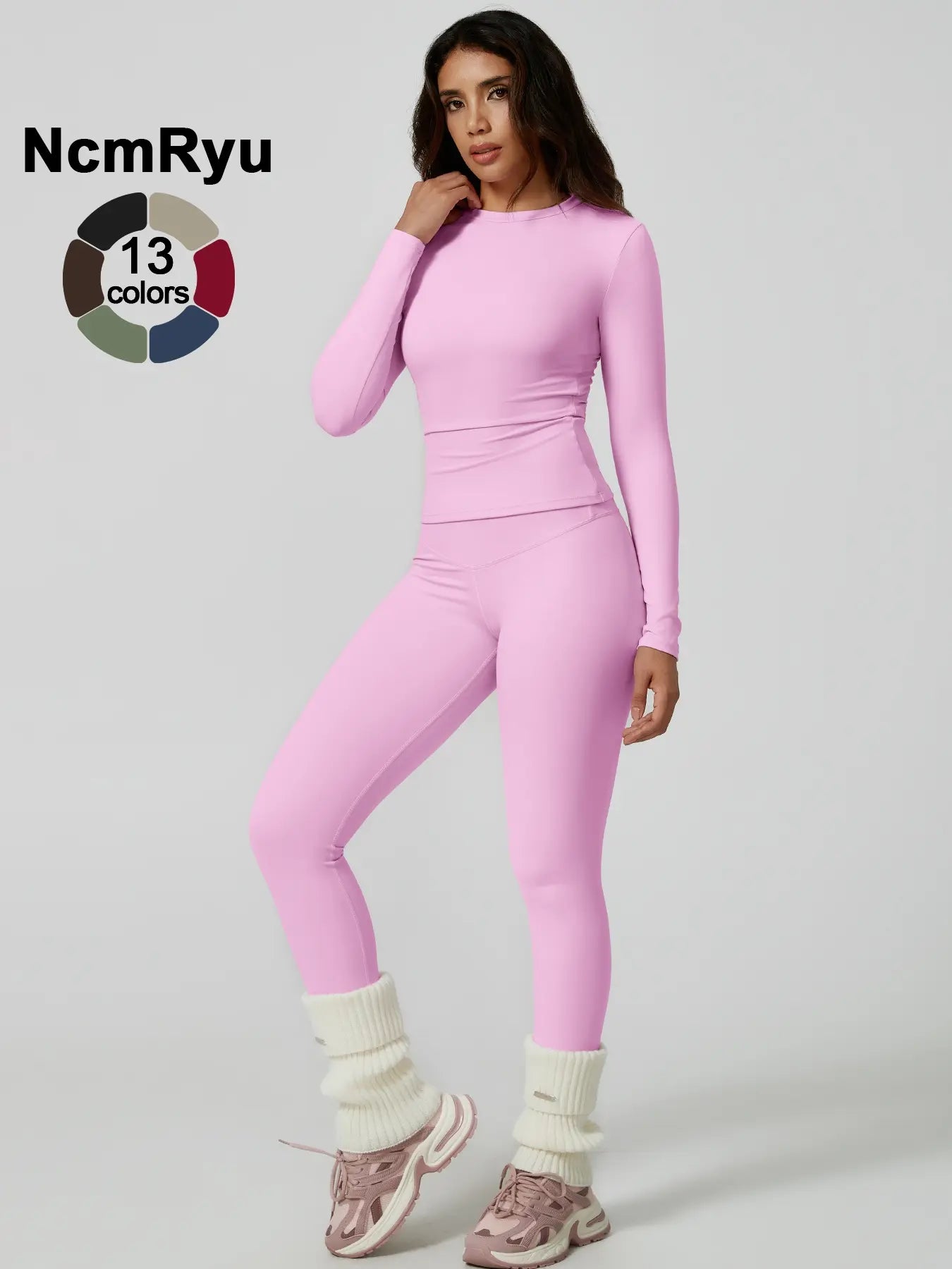 Two-Piece Set Women'S Patchwork High Elastic Soft round Neck Flat Shoulder Long Sleeve Slim Fit Beautiful Hip Tight Pants Yoga Clothes Suit Workout Running Clothes Four Seasons Outdoor Running Cycling Hiking Walking Shopping Fashion Suit Gym