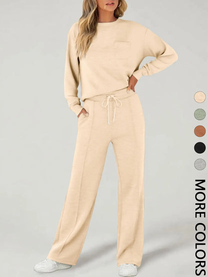 2-Piece Women'S Casual Long Sleeve Pocket Sportswear Set, Stylish Comfortable Wide Leg Athletic Tracksuit Set for All Seasons