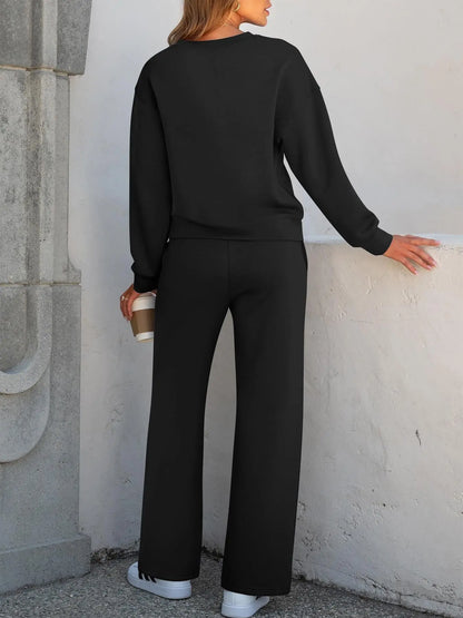2-Piece Women'S Casual Long Sleeve Pocket Sportswear Set, Stylish Comfortable Wide Leg Athletic Tracksuit Set for All Seasons