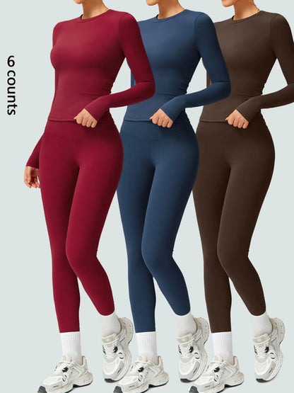 Two-Piece Set Women'S Patchwork High Elastic Soft round Neck Flat Shoulder Long Sleeve Slim Fit Beautiful Hip Tight Pants Yoga Clothes Suit Workout Running Clothes Four Seasons Outdoor Running Cycling Hiking Walking Shopping Fashion Suit Gym