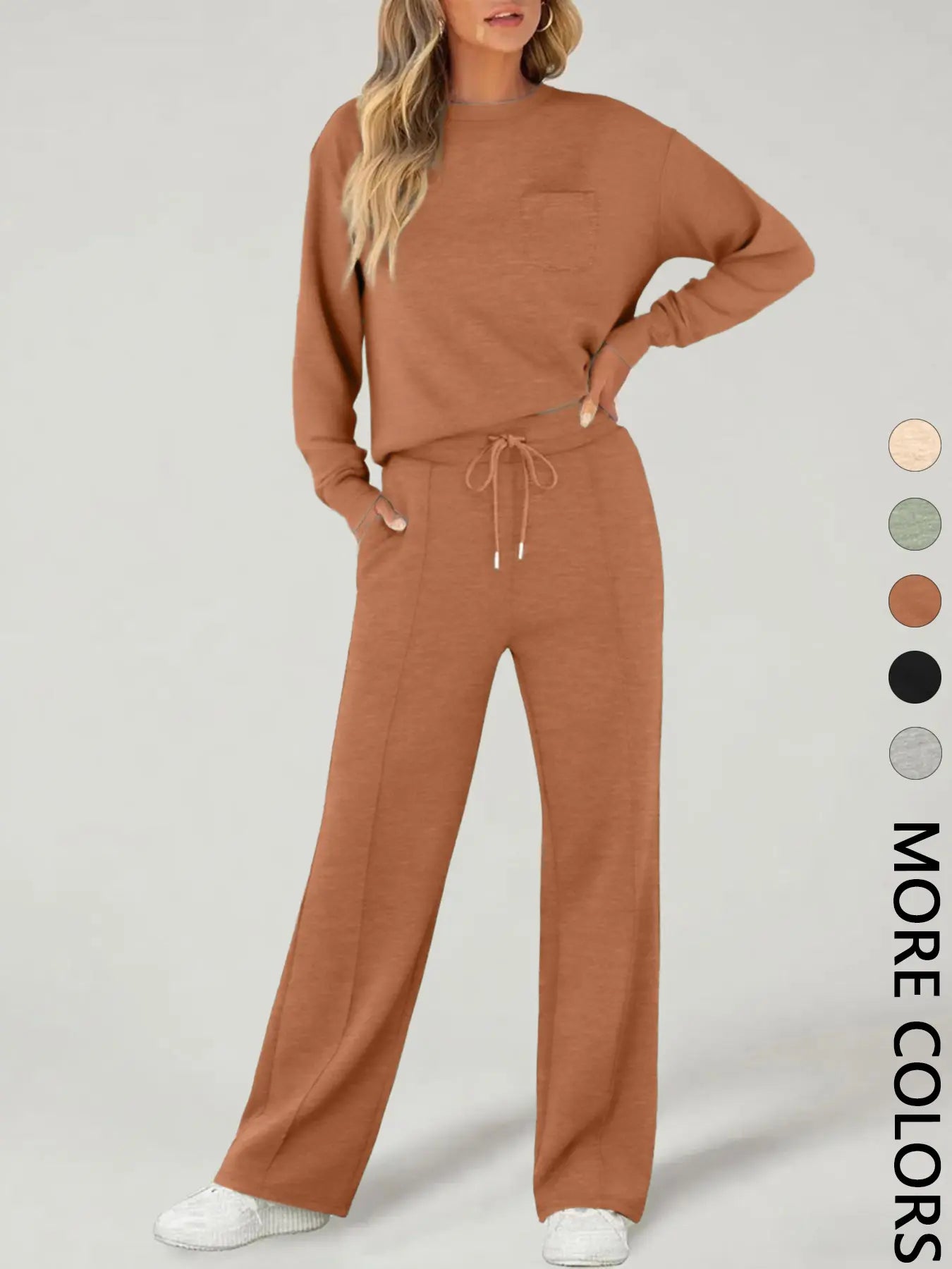2-Piece Women'S Casual Long Sleeve Pocket Sportswear Set, Stylish Comfortable Wide Leg Athletic Tracksuit Set for All Seasons