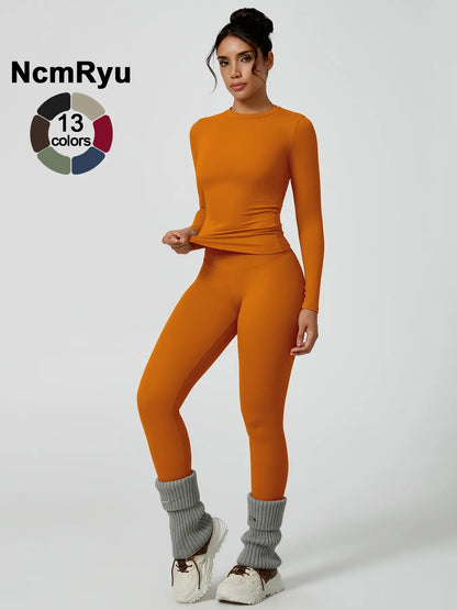 Two-Piece Set Women'S Patchwork High Elastic Soft round Neck Flat Shoulder Long Sleeve Slim Fit Beautiful Hip Tight Pants Yoga Clothes Suit Workout Running Clothes Four Seasons Outdoor Running Cycling Hiking Walking Shopping Fashion Suit Gym