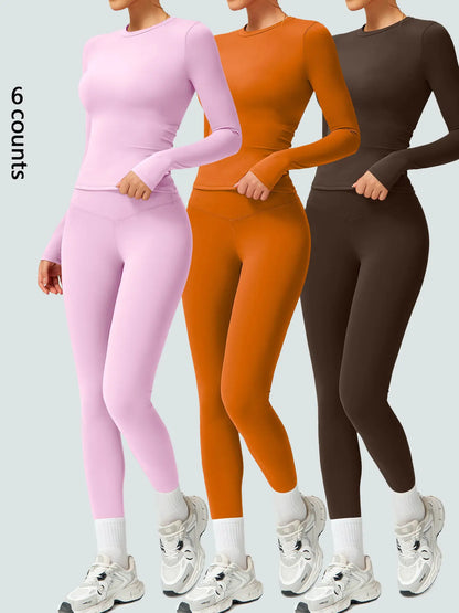 Two-Piece Set Women'S Patchwork High Elastic Soft round Neck Flat Shoulder Long Sleeve Slim Fit Beautiful Hip Tight Pants Yoga Clothes Suit Workout Running Clothes Four Seasons Outdoor Running Cycling Hiking Walking Shopping Fashion Suit Gym