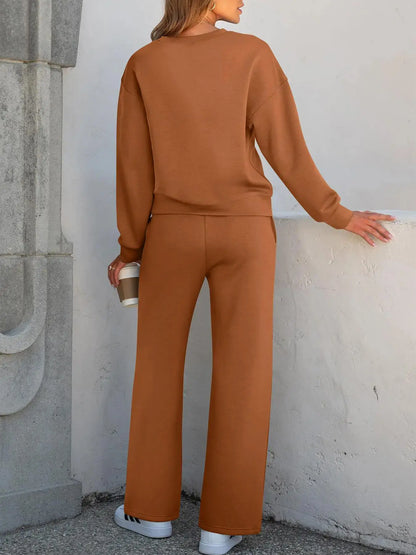 2-Piece Women'S Casual Long Sleeve Pocket Sportswear Set, Stylish Comfortable Wide Leg Athletic Tracksuit Set for All Seasons