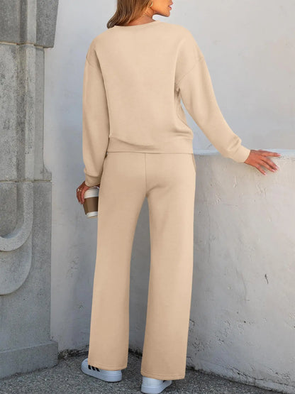 2-Piece Women'S Casual Long Sleeve Pocket Sportswear Set, Stylish Comfortable Wide Leg Athletic Tracksuit Set for All Seasons