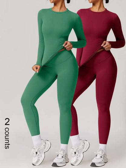 Two-Piece Set Women'S Patchwork High Elastic Soft round Neck Flat Shoulder Long Sleeve Slim Fit Beautiful Hip Tight Pants Yoga Clothes Suit Workout Running Clothes Four Seasons Outdoor Running Cycling Hiking Walking Shopping Fashion Suit Gym