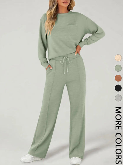 2-Piece Women'S Casual Long Sleeve Pocket Sportswear Set, Stylish Comfortable Wide Leg Athletic Tracksuit Set for All Seasons