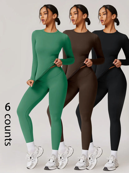 Two-Piece Set Women'S Patchwork High Elastic Soft round Neck Flat Shoulder Long Sleeve Slim Fit Beautiful Hip Tight Pants Yoga Clothes Suit Workout Running Clothes Four Seasons Outdoor Running Cycling Hiking Walking Shopping Fashion Suit Gym
