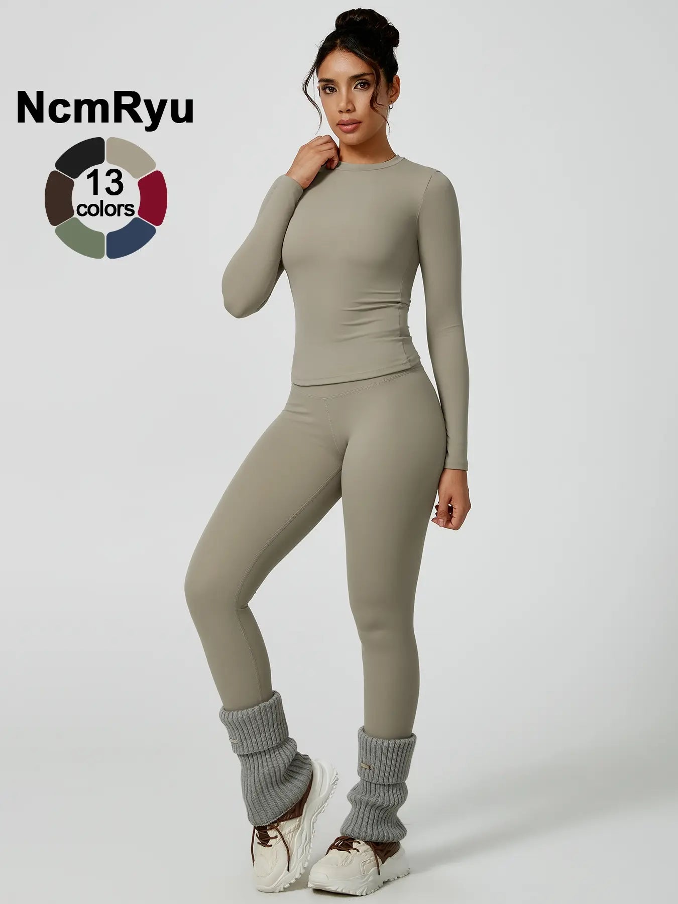 Two-Piece Set Women'S Patchwork High Elastic Soft round Neck Flat Shoulder Long Sleeve Slim Fit Beautiful Hip Tight Pants Yoga Clothes Suit Workout Running Clothes Four Seasons Outdoor Running Cycling Hiking Walking Shopping Fashion Suit Gym