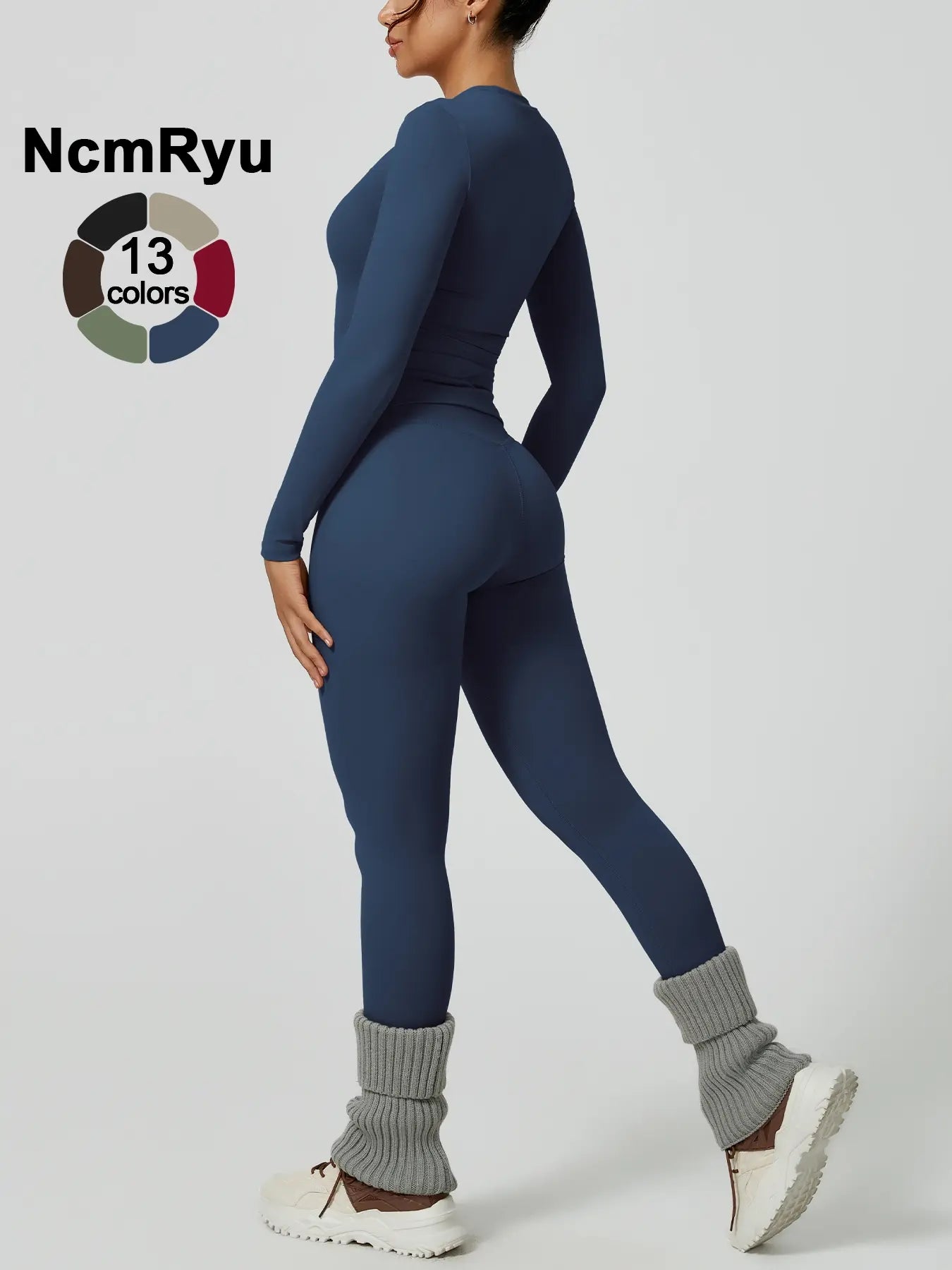 Two-Piece Set Women'S Patchwork High Elastic Soft round Neck Flat Shoulder Long Sleeve Slim Fit Beautiful Hip Tight Pants Yoga Clothes Suit Workout Running Clothes Four Seasons Outdoor Running Cycling Hiking Walking Shopping Fashion Suit Gym