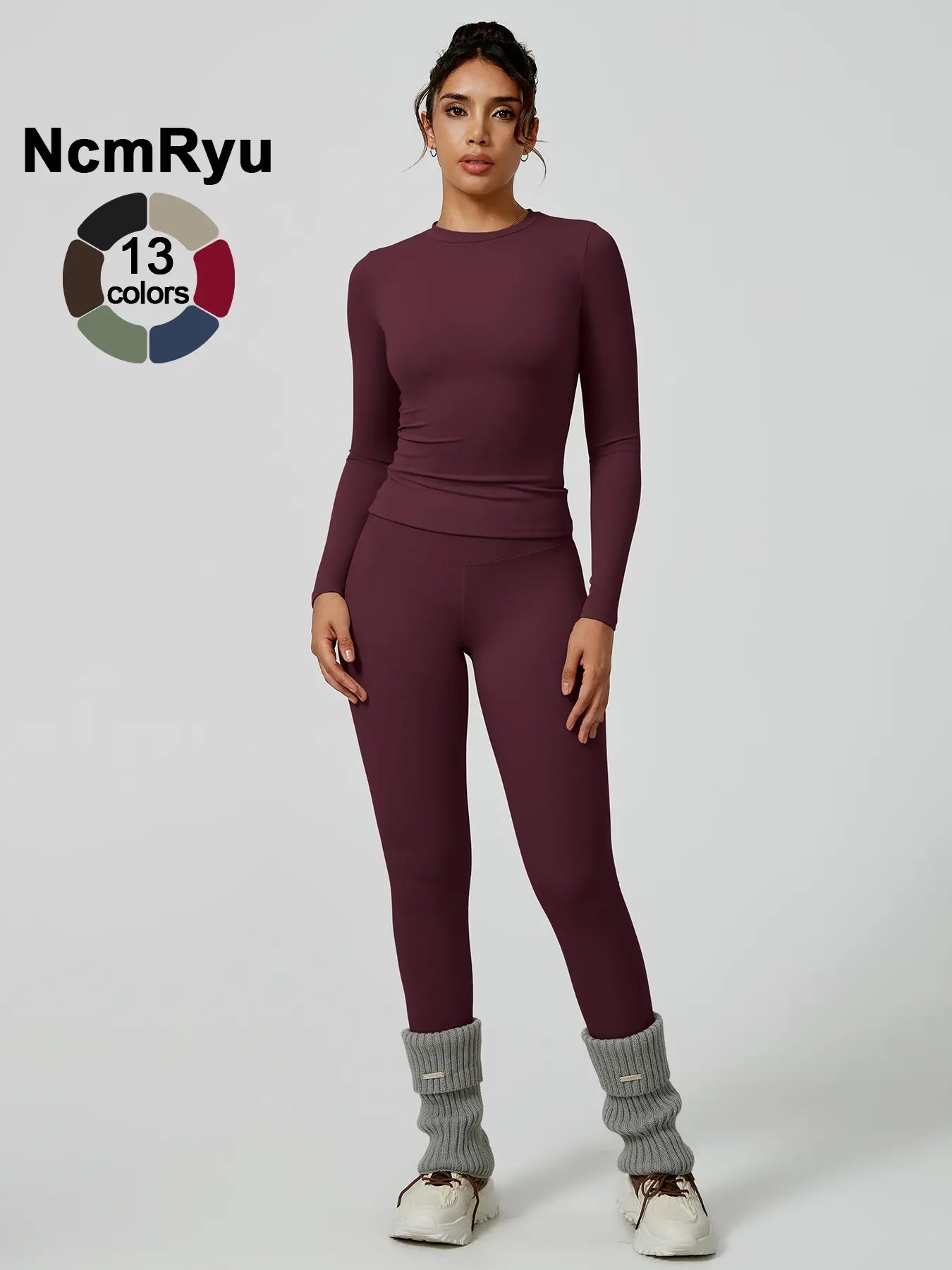Two-Piece Set Women'S Patchwork High Elastic Soft round Neck Flat Shoulder Long Sleeve Slim Fit Beautiful Hip Tight Pants Yoga Clothes Suit Workout Running Clothes Four Seasons Outdoor Running Cycling Hiking Walking Shopping Fashion Suit Gym