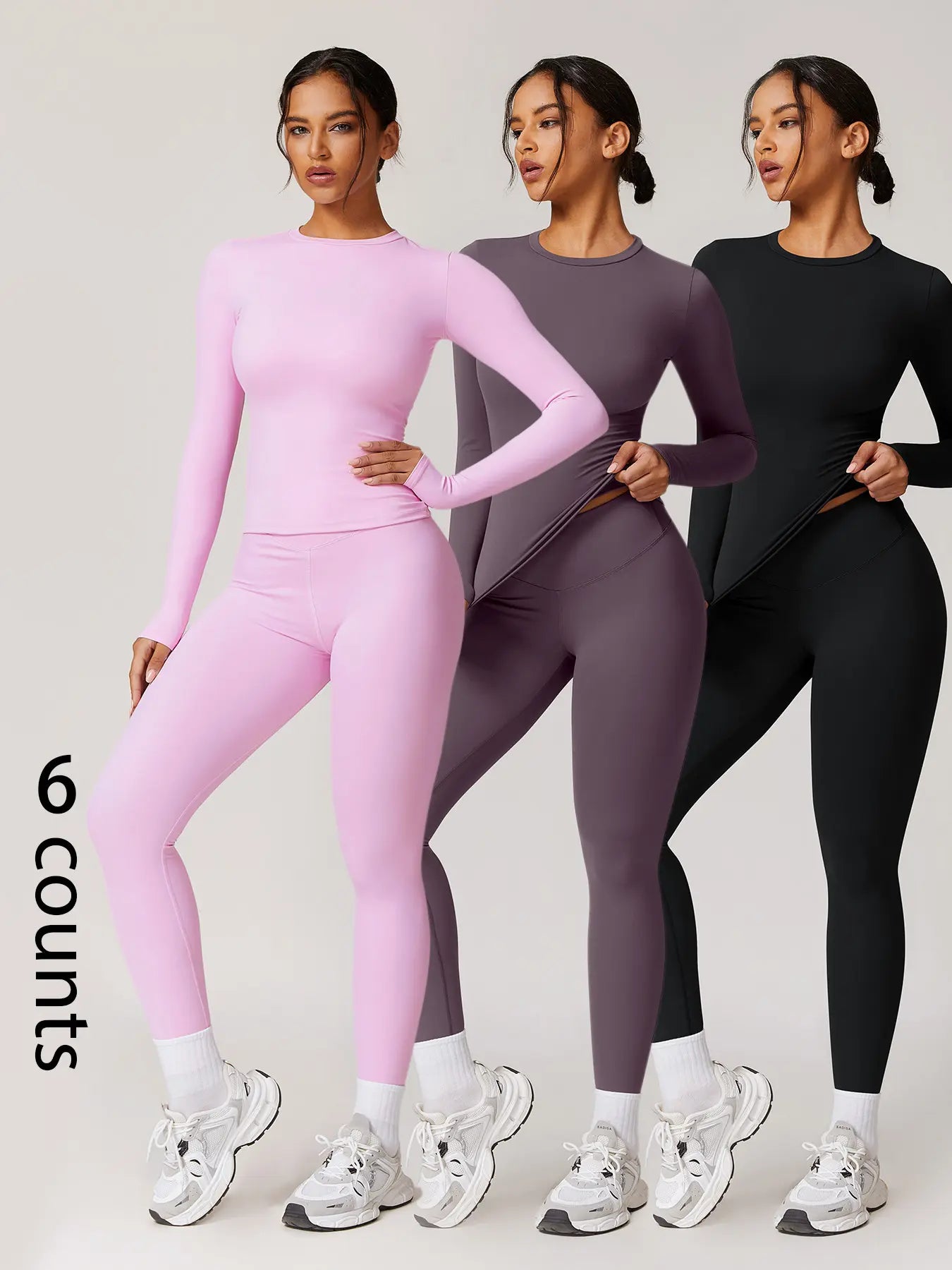Two-Piece Set Women'S Patchwork High Elastic Soft round Neck Flat Shoulder Long Sleeve Slim Fit Beautiful Hip Tight Pants Yoga Clothes Suit Workout Running Clothes Four Seasons Outdoor Running Cycling Hiking Walking Shopping Fashion Suit Gym