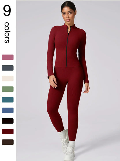 Women'S Plain Tracksuit Set, Sweatsuit Set, Sports Zip up Crop Jacket & High Waist Leggings, Ladies Spring & Fall Clothes, Gym Wear, Yoga Suit Outdoor, Sportswear Set, Athleisure Wear