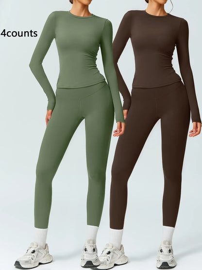 Two-Piece Set Women'S Patchwork High Elastic Soft round Neck Flat Shoulder Long Sleeve Slim Fit Beautiful Hip Tight Pants Yoga Clothes Suit Workout Running Clothes Four Seasons Outdoor Running Cycling Hiking Walking Shopping Fashion Suit Gym